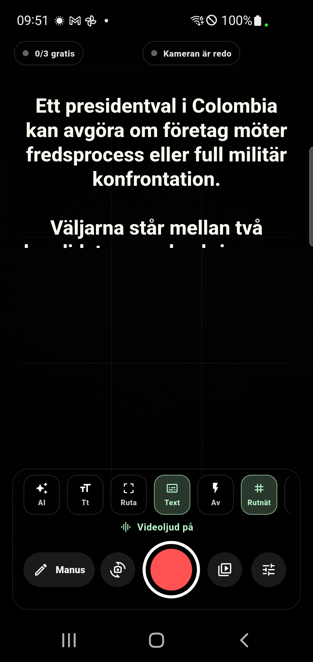 KameraManus kameravy med manus och inspelningskontroller